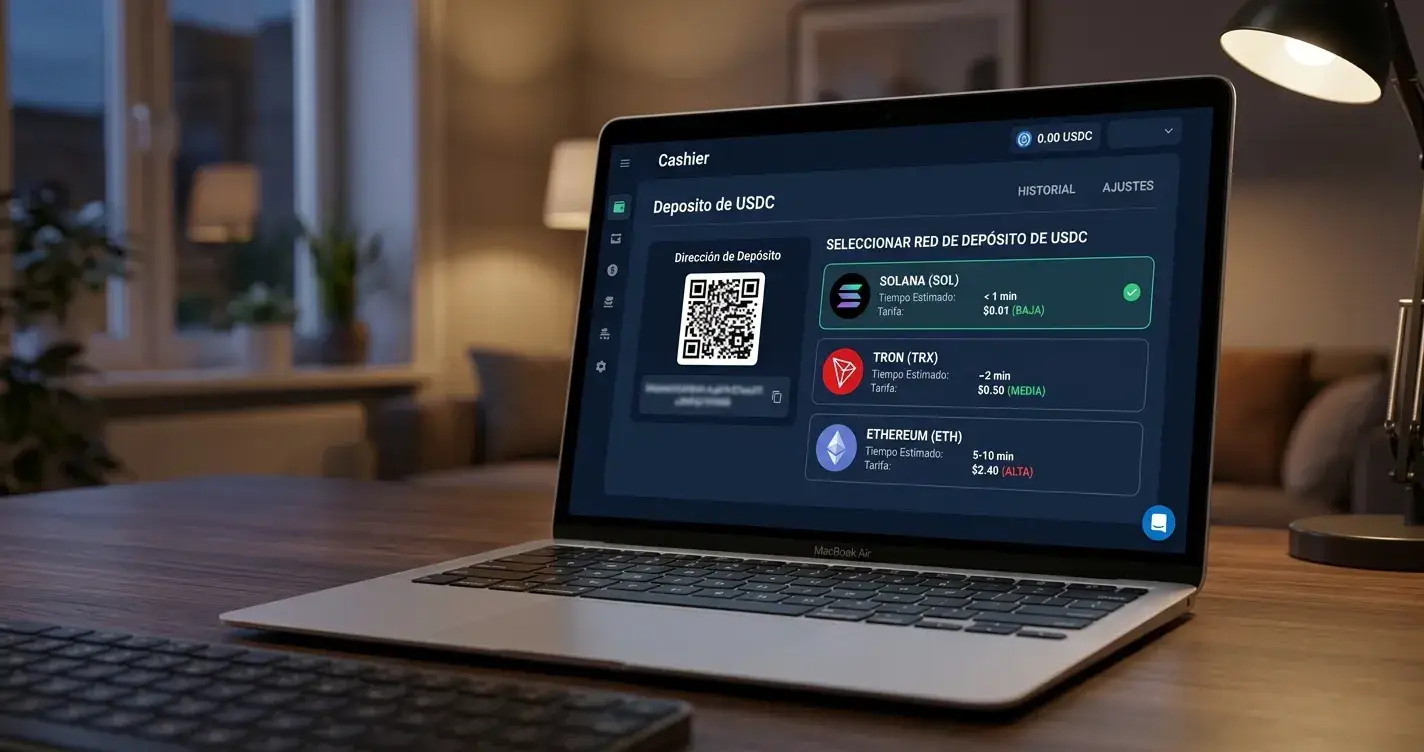 Detalle de cajero mostrando redes blockchain disponibles para USDC con tiempos de confirmación