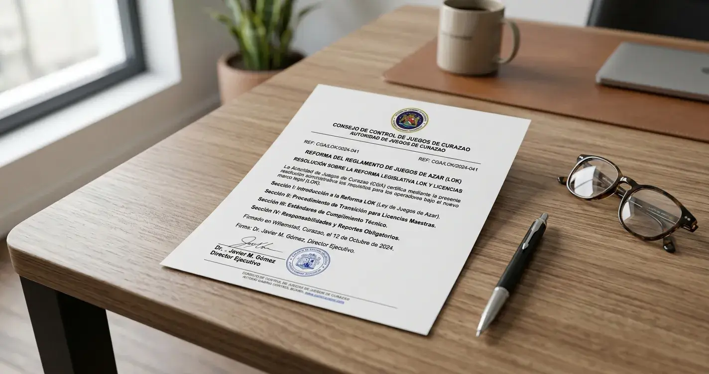 Documento oficial de reforma LOK Curazao 2026 con sello de Curaçao Gaming Authority sobre escritorio