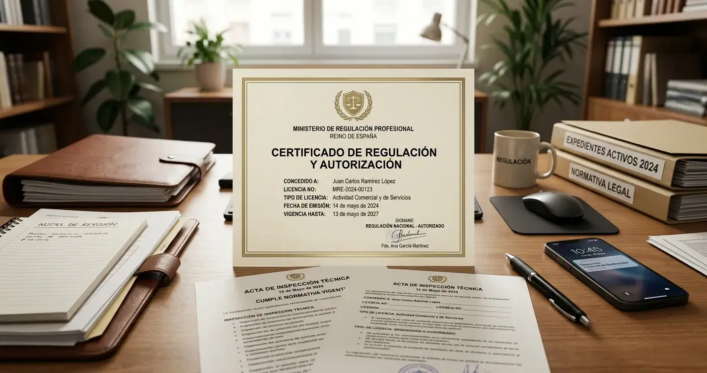 Documentos regulatorios españoles sobre escritorio con emblema neutro