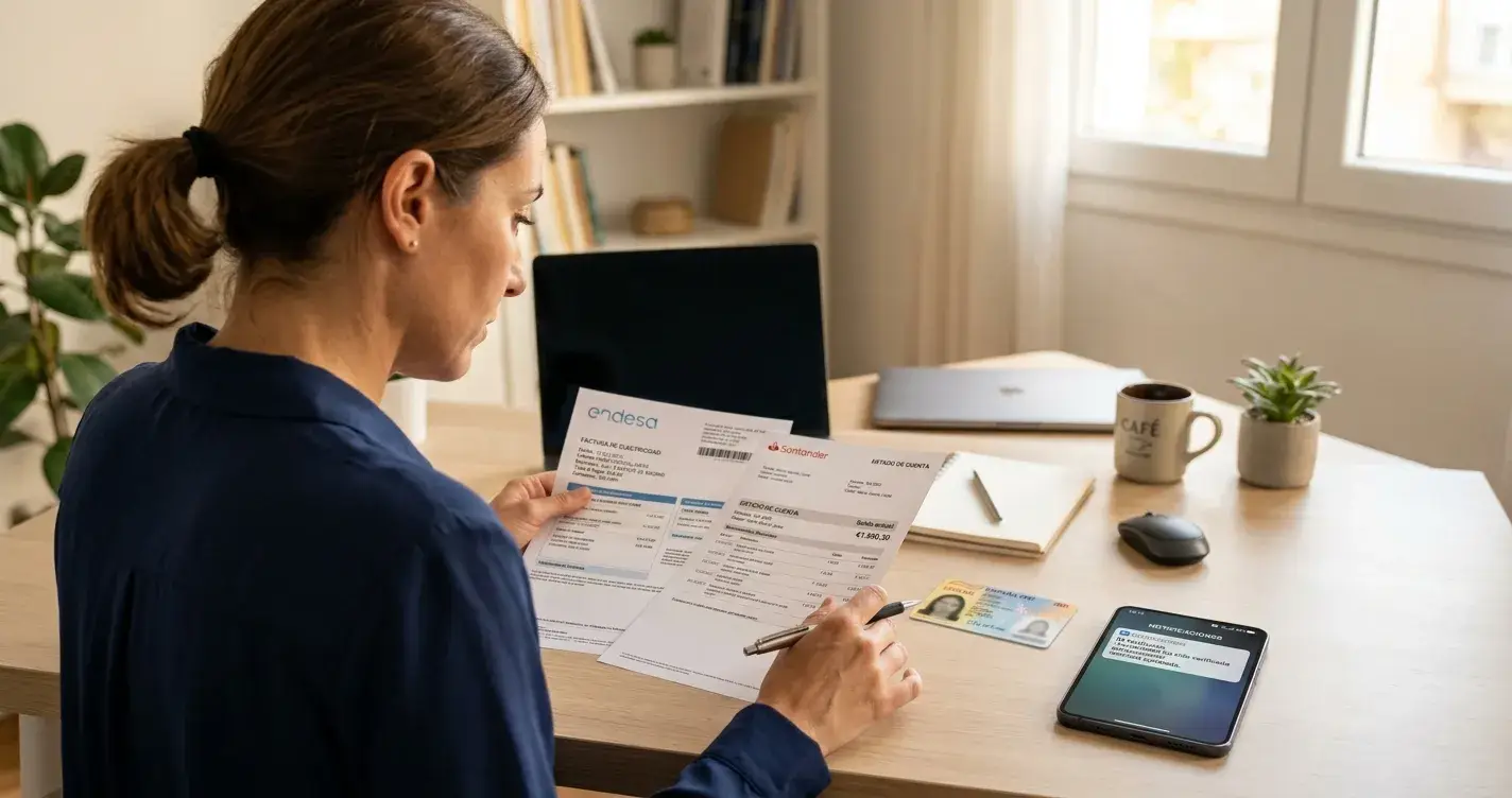 Persona revisando documentos KYC en escritorio con smartphone mostrando notificación de retirada aprobada