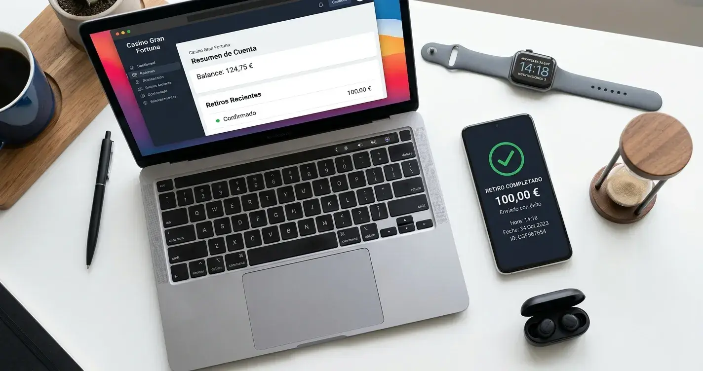 Vista cenital de smartphone con confirmación de retirada completada, laptop con dashboard de casino y reloj mostrando rapidez