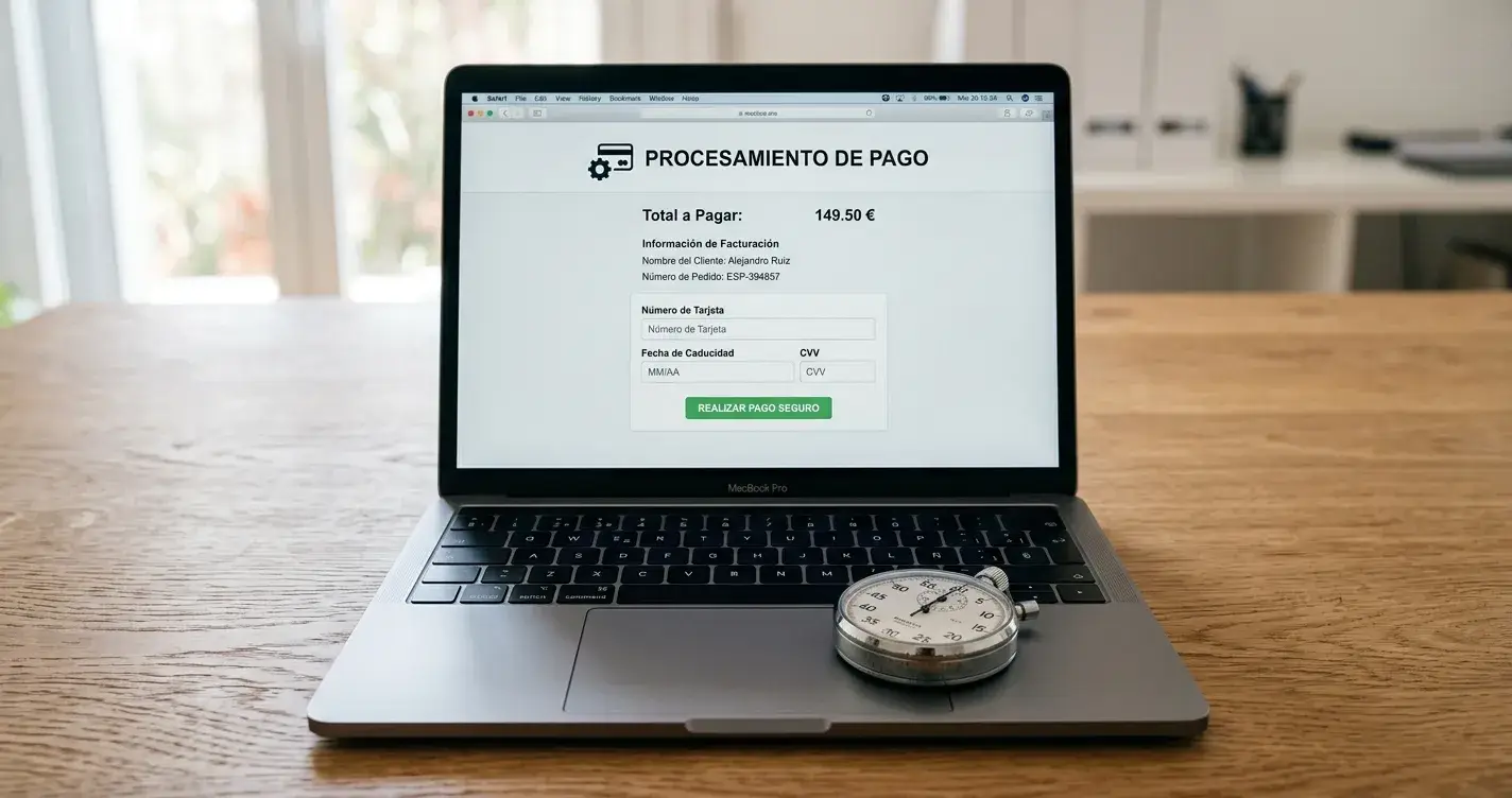 Cronómetro analógico sobre escritorio junto a laptop con interfaz de procesamiento de pagos