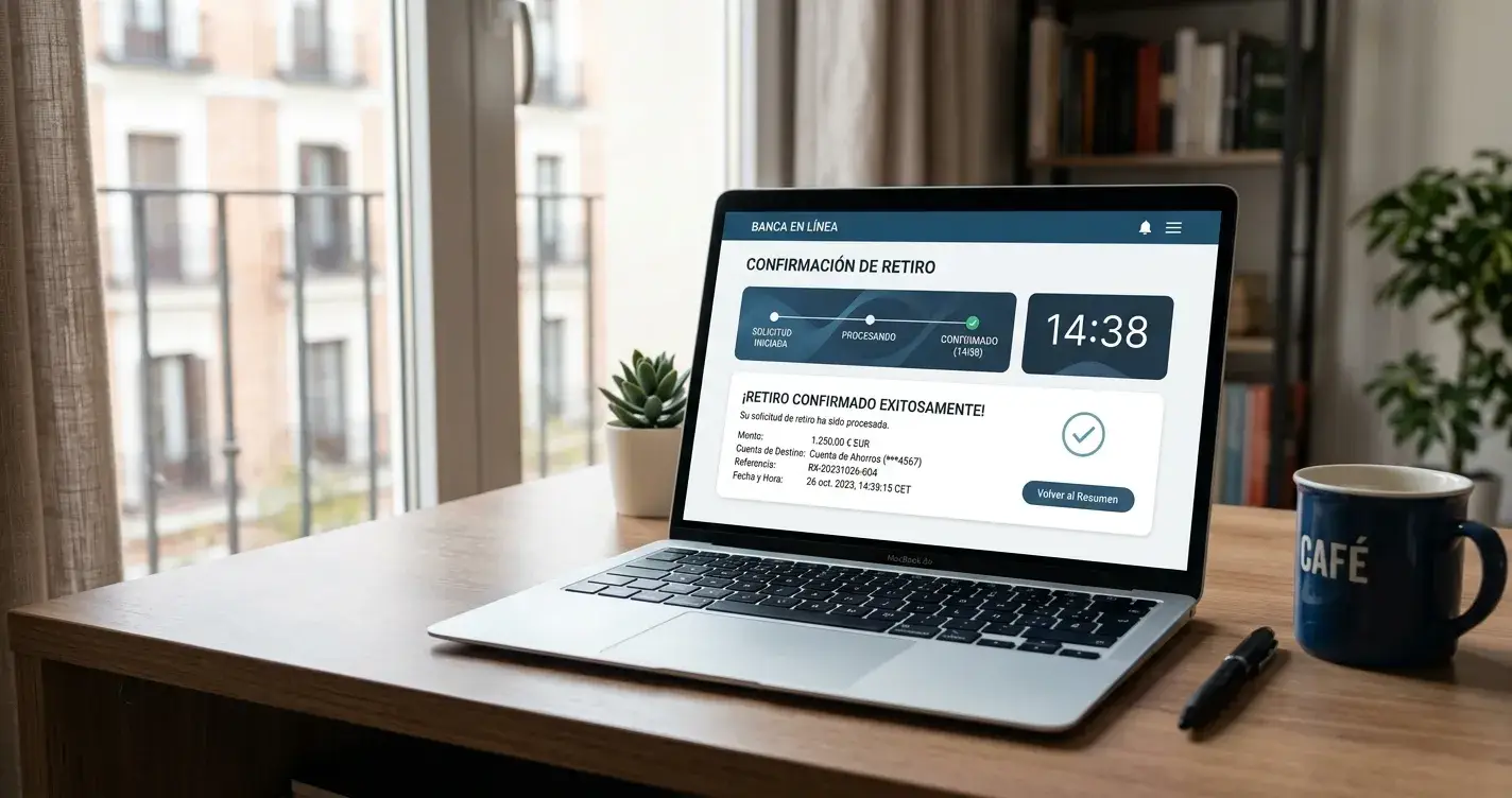Laptop mostrando pantalla de confirmación de retiro con indicador de tiempo