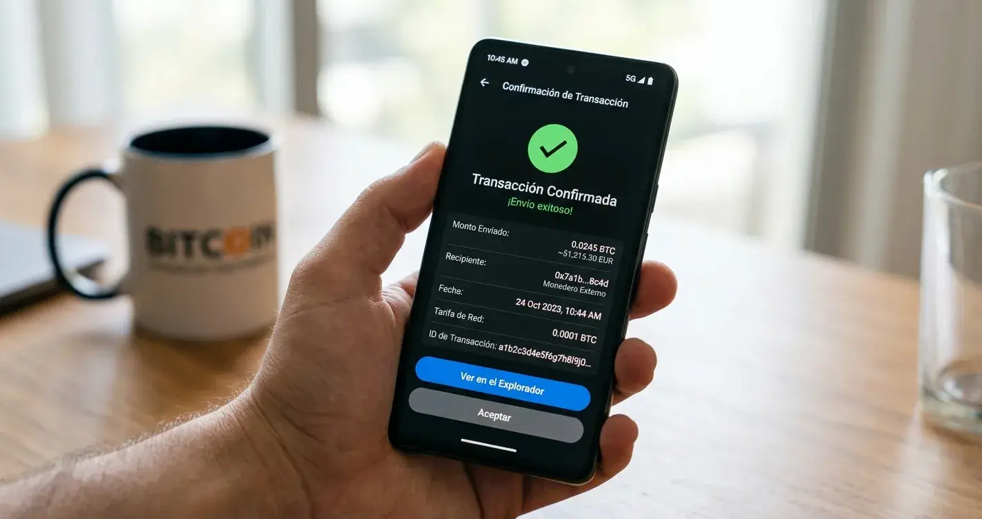 Smartphone mostrando transacción de criptomoneda confirmada en monedero digital