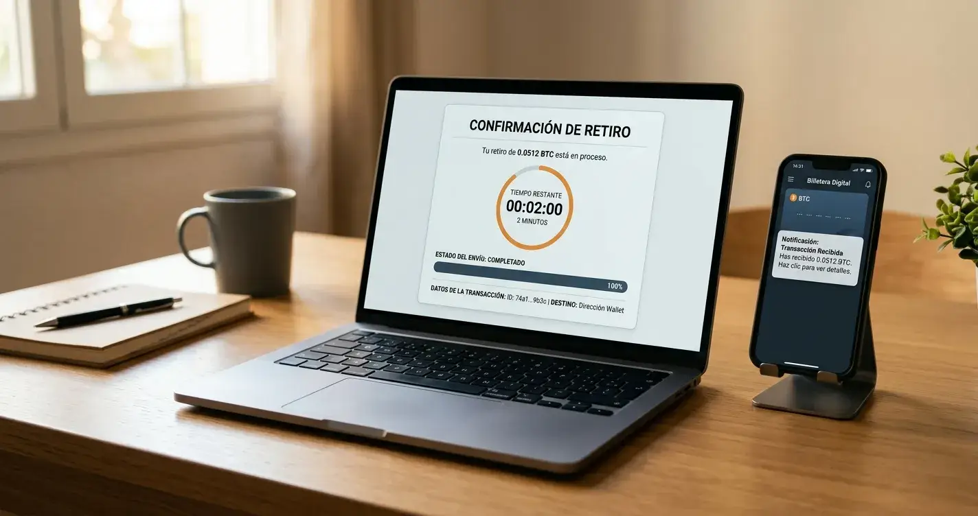 Laptop con confirmación de retiro cripto mostrando timer de 2 minutos