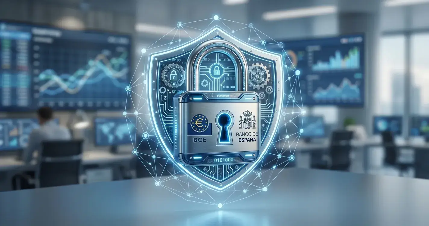 Icono de candado digital con sello de seguridad BCE y Banco de España sobre fondo tecnológico