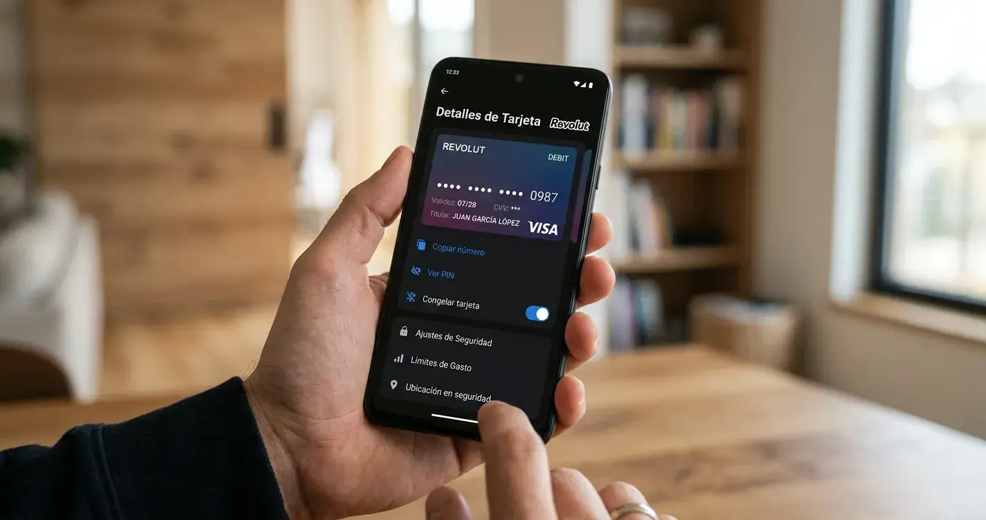 Smartphone mostrando interfaz de la app Revolut con tarjeta virtual desplegada y opciones de seguridad