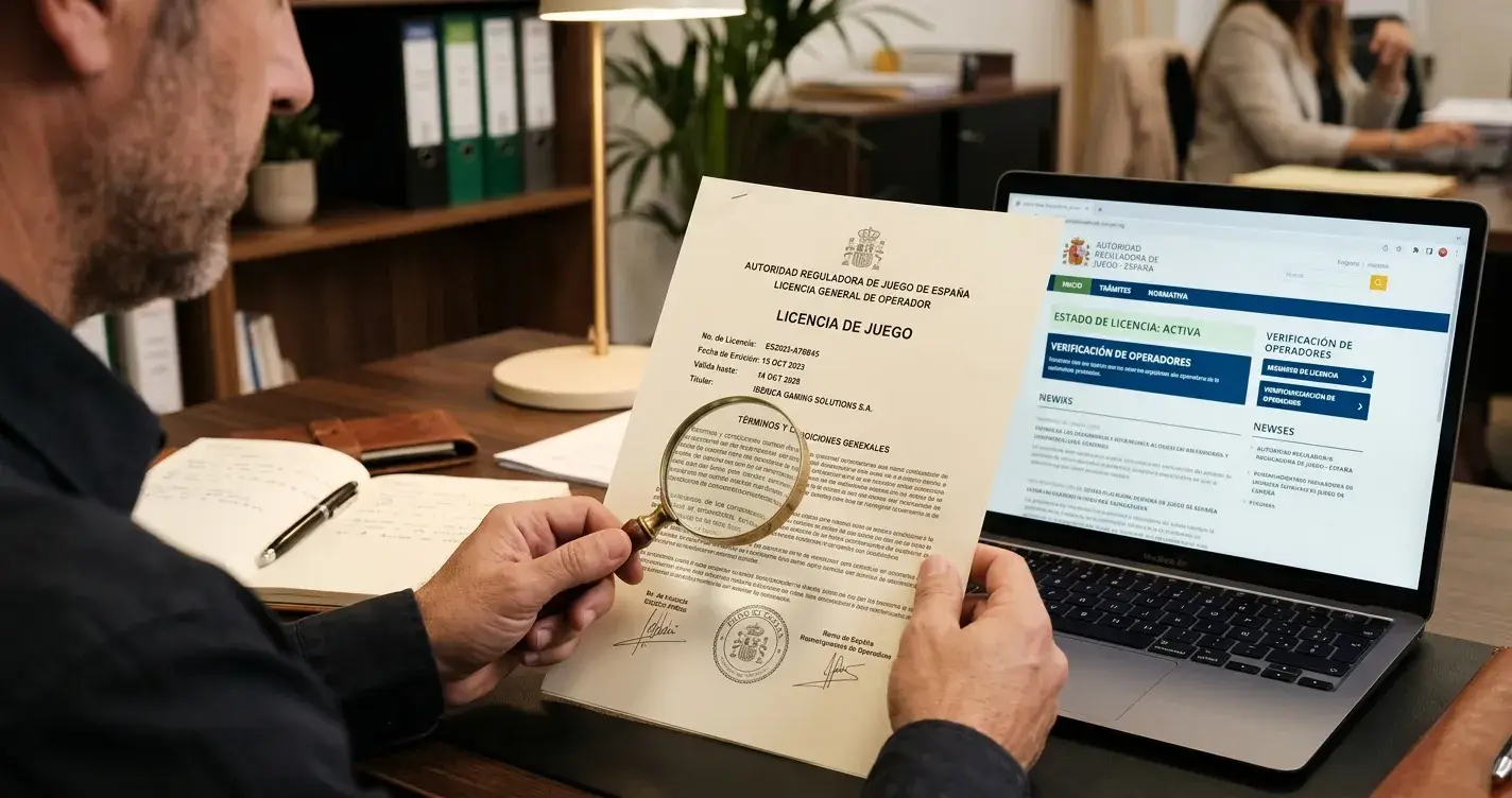 Persona revisando certificado de licencia de casino con lupa