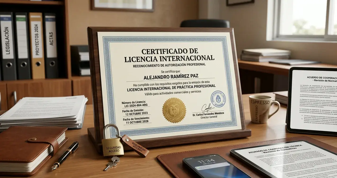 Certificado de licencia genérico con sello oficial y candado de seguridad