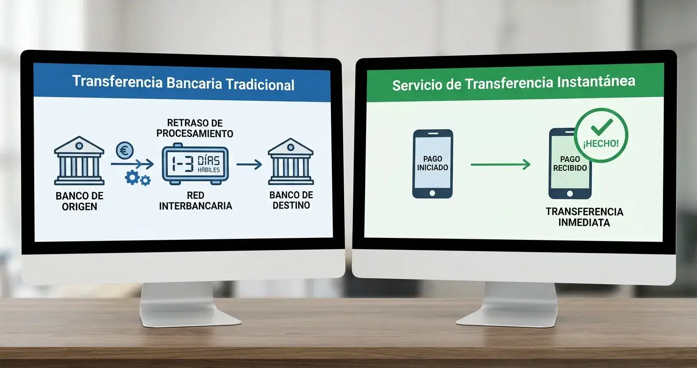 Comparación visual entre transferencia SEPA tradicional y servicios instantáneos como Trustly
