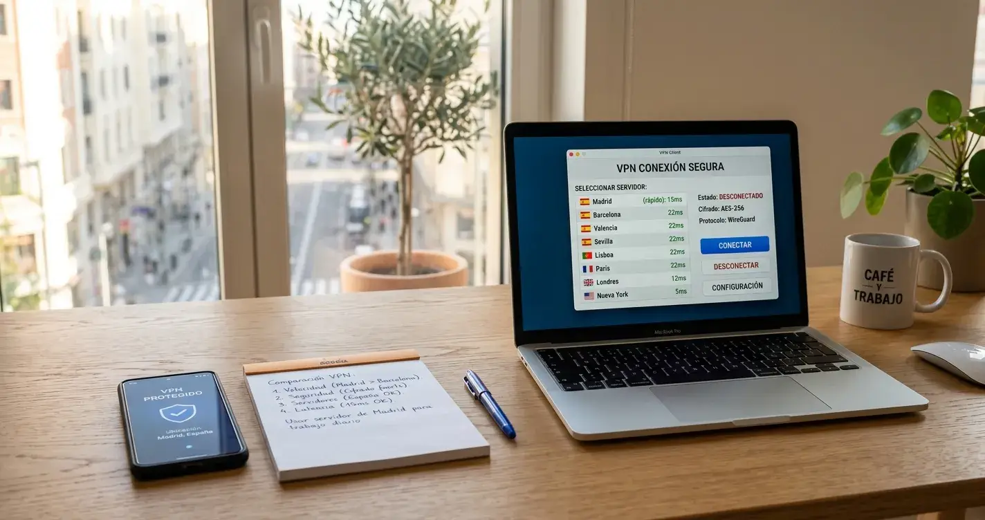 Escritorio moderno con laptop mostrando interfaz VPN y smartphone con app VPN