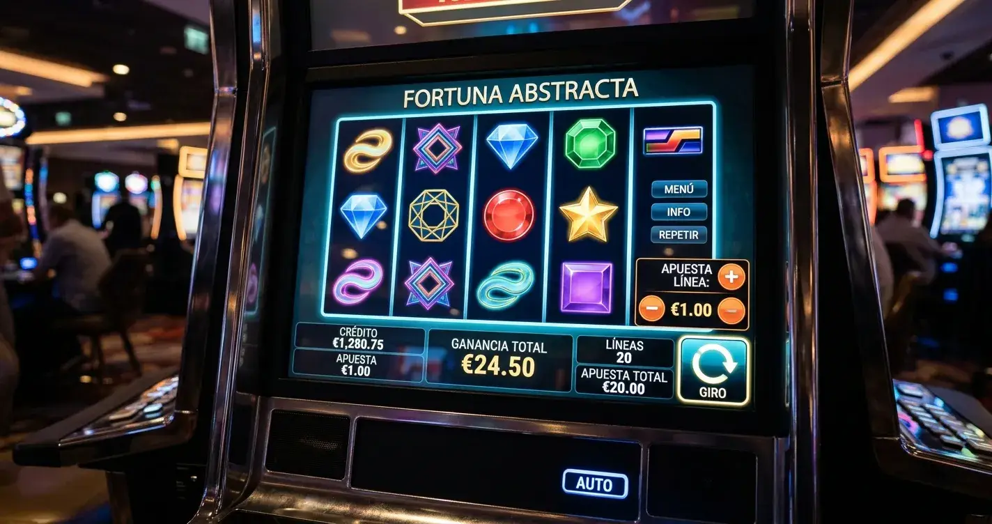 Rodillos genéricos de tragaperras con símbolos neutros iluminados con luz suave en una pantalla de casino