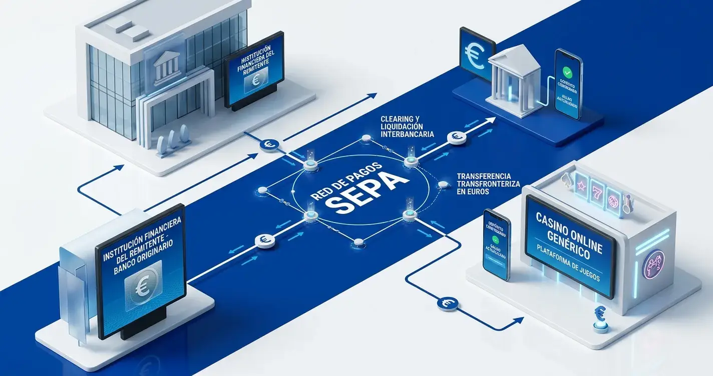 Ilustración de proceso SEPA con flujo de transferencia entre banco y casino online
