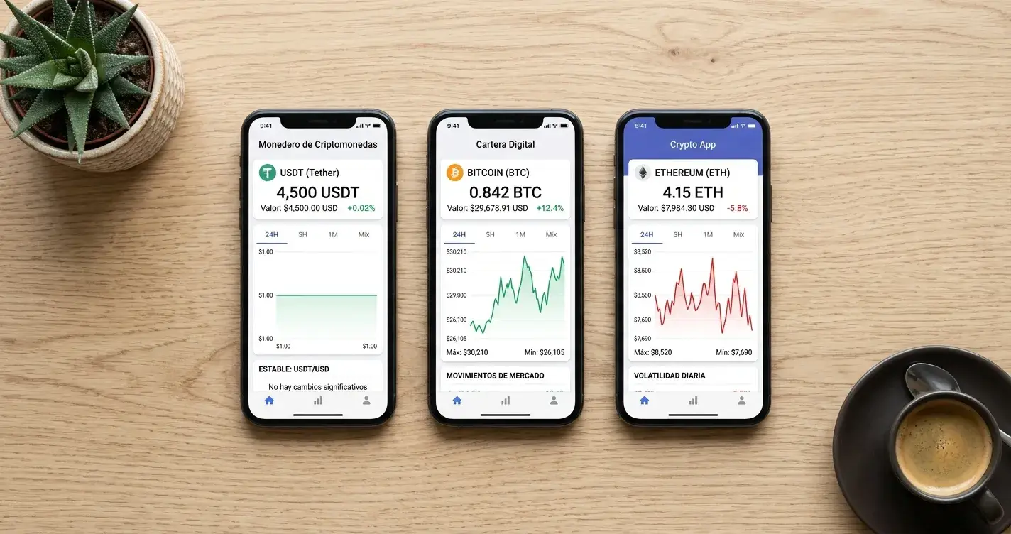 Tres smartphones mostrando diferentes wallets cripto, uno con precio estable y otros con gráficos volátiles, composición ordenada