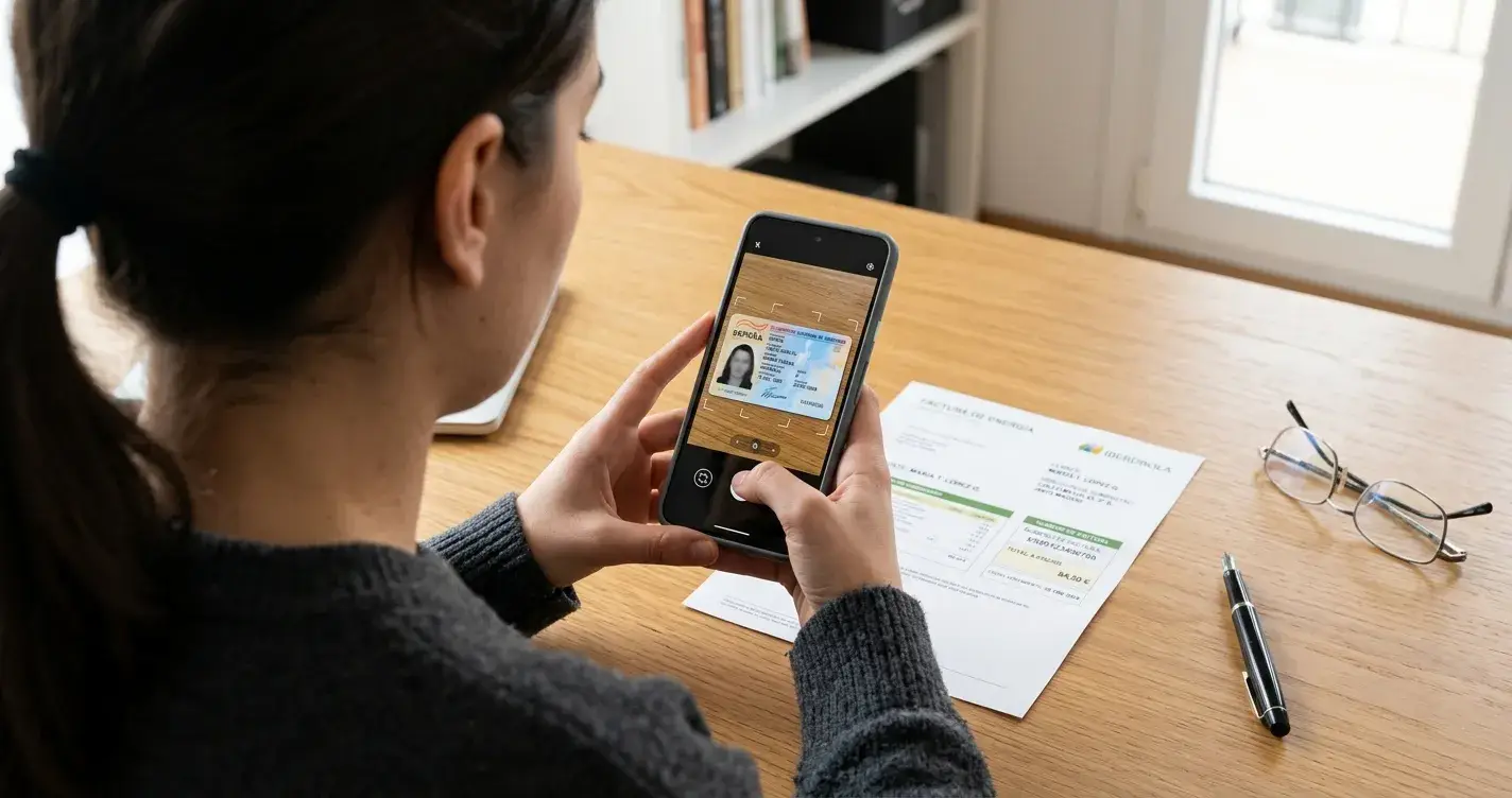 DNI y factura de suministros sobre una mesa junto a un móvil que fotografía los documentos para verificación de cuenta