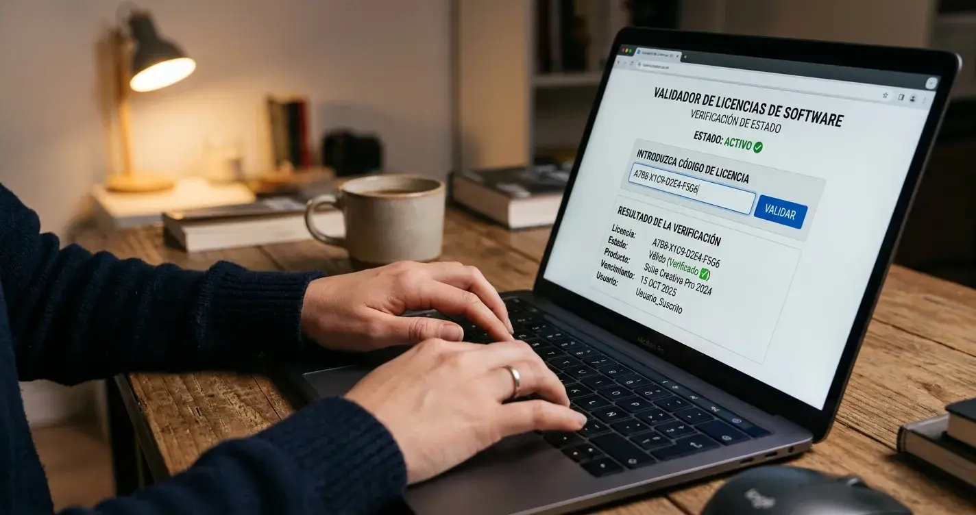 Manos escribiendo en laptop con pantalla mostrando interfaz de verificador de licencias