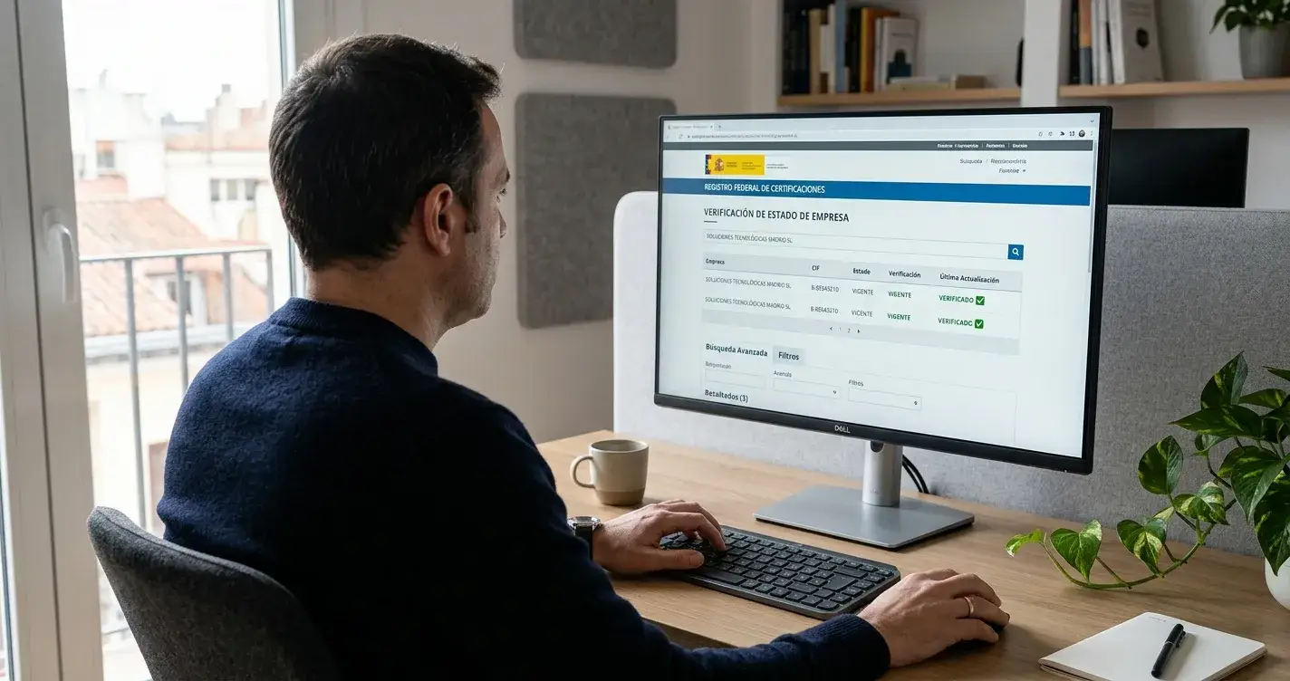 Persona verificando información en ordenador con pantalla mostrando página oficial de registro DGOJ