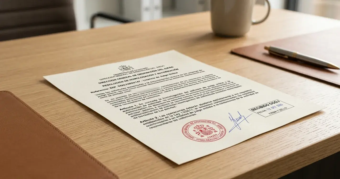 Documento de licencia DGOJ con sello oficial y registro de operador español