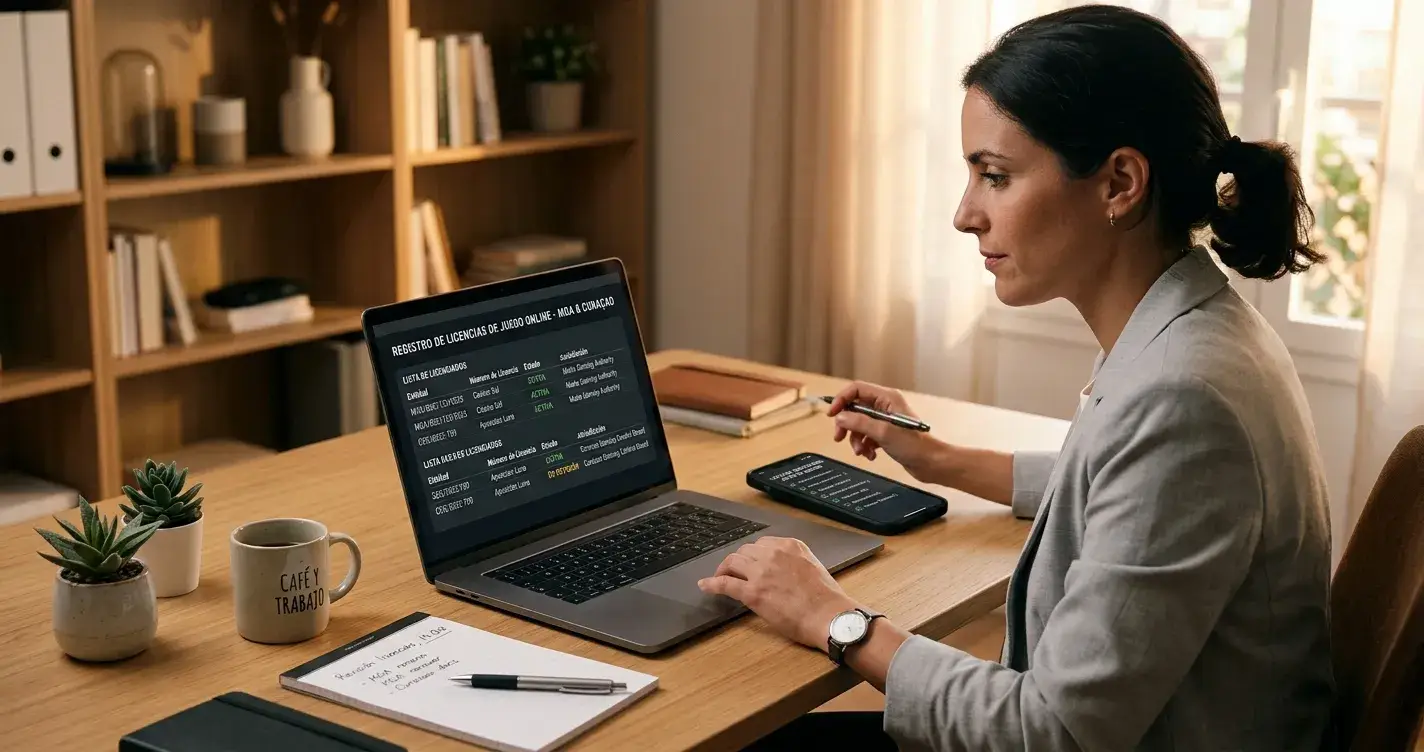 Persona verificando documentos de licencia en laptop con registros oficiales MGA y Curazao abiertos en pantalla