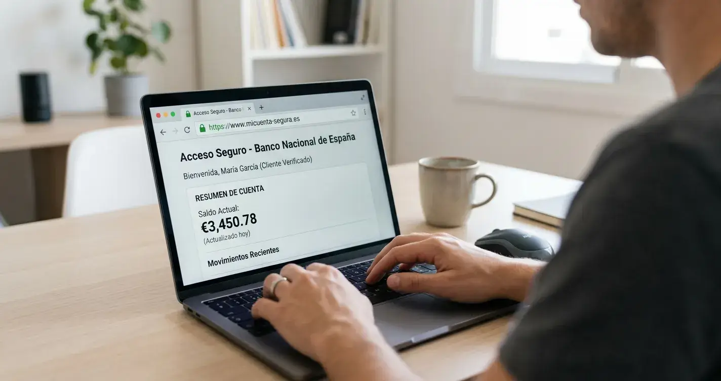 Persona en escritorio revisando la barra de dirección del navegador con candado de seguridad SSL visible
